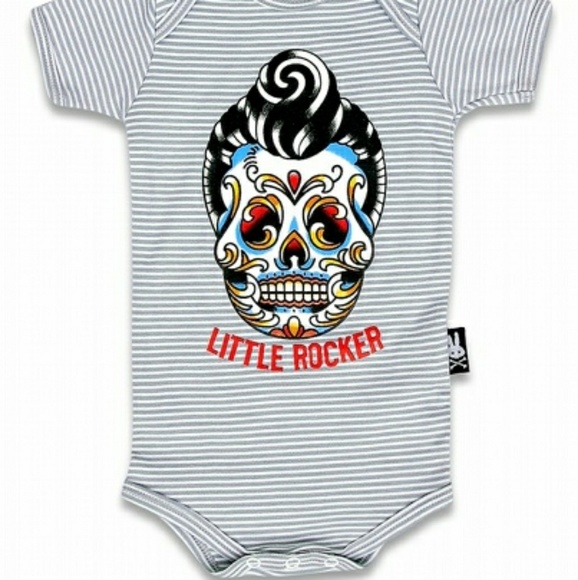 “Little Rocker" Sugar Skull Striped Cotton Bodysuit - Picture 1 of 5